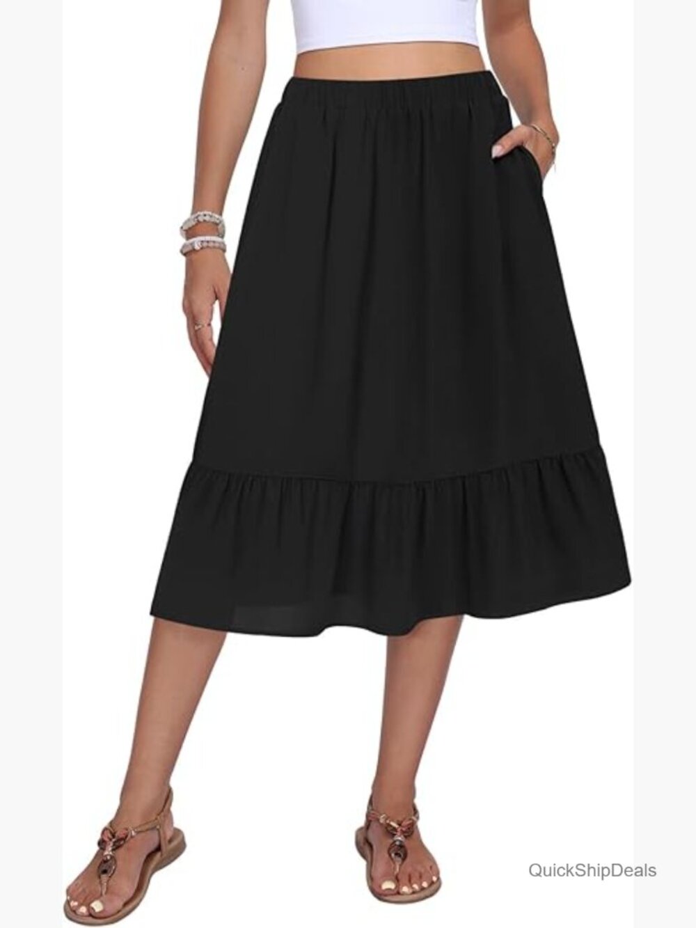 Women's Black A-Line Midi Skirt with Ruffle Hem